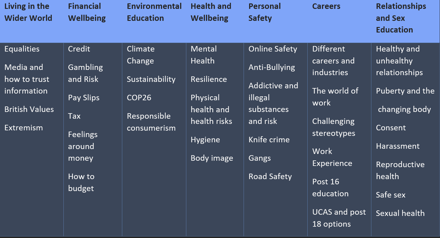 PSHE Table